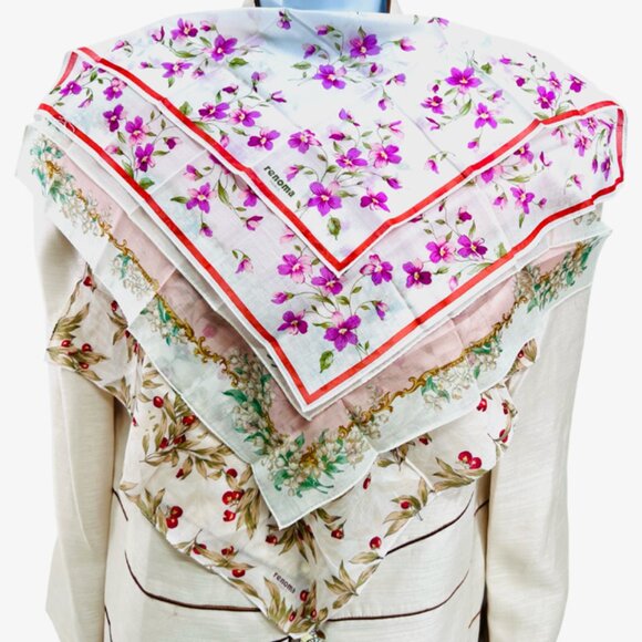 New Set of 3 RENOMA Paris Handkerchief coton 17"pijk blue white green florR(43 - Picture 3 of 10